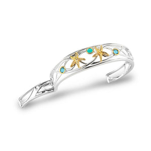 STERLING SILVER AND 14K STARFISH HINGED CUFF WITH SEMI-PRECIOUS STONES 1/2" WIDE ON TOP