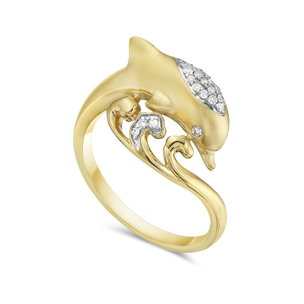 14K DANCING DOLPHIN ON A WAVE RING WITH 20 DIAMONDS 0.11CT