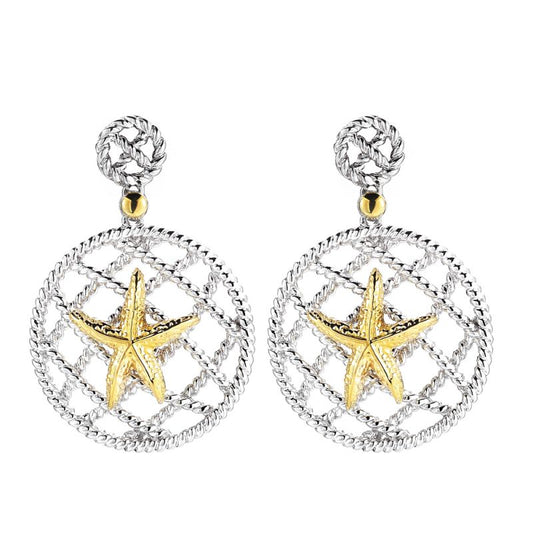 14K Yellow Gold and Sterling Silver Starfish Earrings 1/4" Long 1 Diameter Large Circle