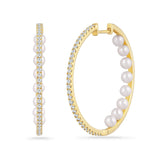 14K STUNNING HOOP EARRINGS WITH 16 PEARLS 3.44CT AND 62 DIAMONDS 0.49CT