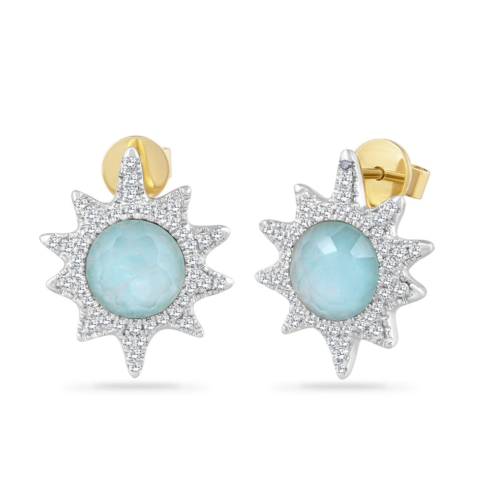 14K SUN DOUBLET EARRINGS IN BLUE TOPAZ AND CLEAR QUARTZ ON TOP WITH 88 DIAMONDS 0.36CT,