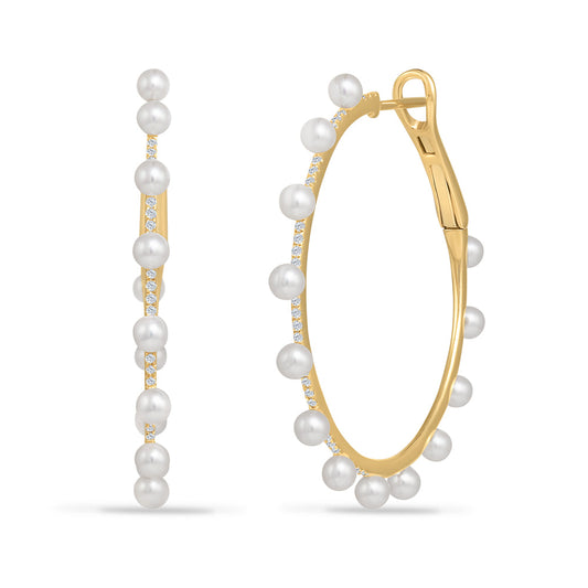 14K BEAUTIFUL LARGE HOOP EARRINGS WITH 64 DIAMONDS 0.21CT AND 26 PEARLS, 33MM DIAMETER