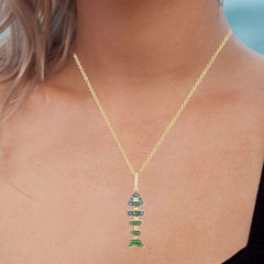 14K Fish Bone Necklace With Blue Diamonds & Green Garnets On 18 Inches Cable Chain