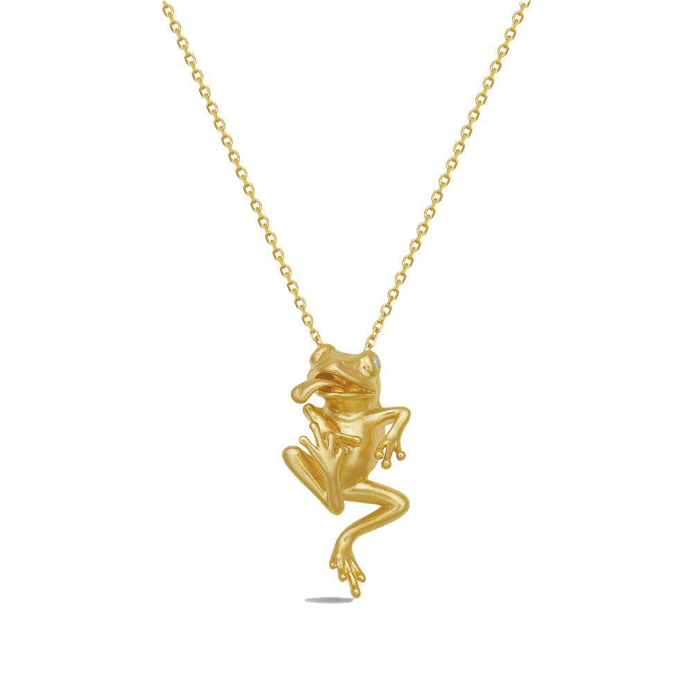 14K FROG PENDANT WITH DIAMOND EYES 0.01CT SUSPENDED ON 18 INCHES CABLE CHAIN