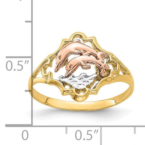 14K YELLOW AND ROSE GOLD W/ RHODIUM DOUBLE DIVING DOLPHINS RING