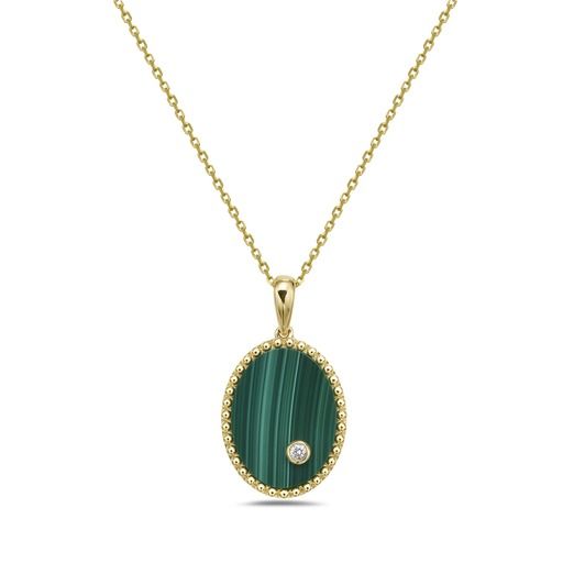 14K OVAL MALACHITE PENDANT WITH 1 DIAMOND 0.02CT ON 18 INCHES CABLE CHAIN