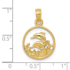 14k Double Dolphin Circle Pendant