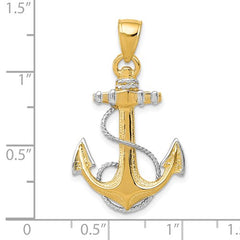 TWO-TONE 14K YELLOW GOLD AND RHODIUM TWISTED ROPE AND ANCHOR PENDANT