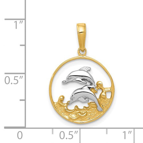14K AND RHODIUM DOUBLE DOLPHINS IN CIRCLE PENDANT