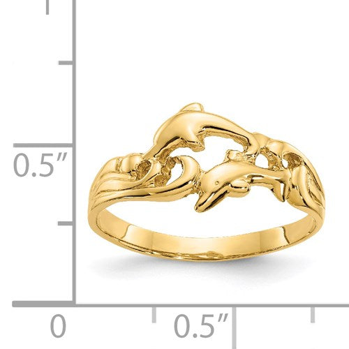 14K Divine Double Dolphins Dancing on Waves Ring