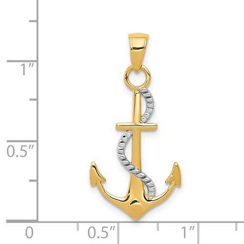 TWO-TONE 14K GOLD AND RHODIUM ANCHOR AND ENTWINED ROPE PENDANT
