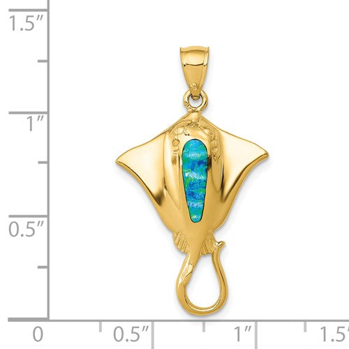 14k Polished w/Created Blue Opal Stingray Pendant