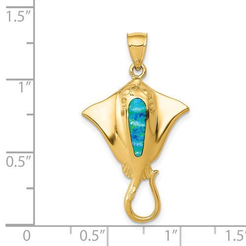 14K POLISHED W/ CREATED BLUE OPAL STINGRAY PENDANT