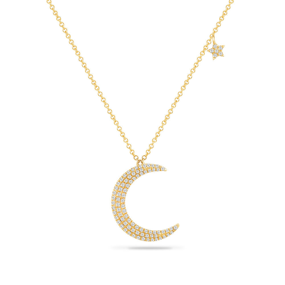14K CRESCENT MOON PENDANT WITH 87 DIAMONDS 0.32CT AND SMALL STARFISH ACCENT ON 18 INCHES CHAIN