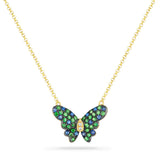 14K BUTTERFLY NECKLACE WITH 14 BLUE SAPPHIRES 0.17CT, 2 DIAMONDS 0.01CT & 30 GREEN GARNET 0.36CT 18 INCHES CABLE CHAIN