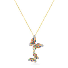 14K DOUBLE BUTTERFLY NECKLACE F.SAPPHIRE 0.45CT, DIAS 0.20CT & G.G. 0.57CT ON 18 INCH CHAIN
