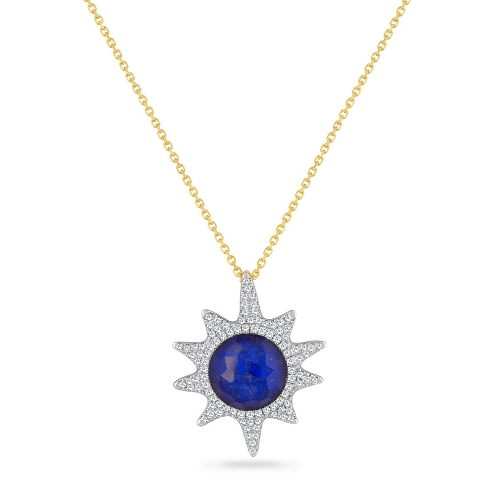 14K SUN DOUBLET PENDANT IN FLAT LAPIS AND CLEAR QUARTZ ON TOP WITH 98 DIAMONDS 0.40CT ON 18 INCHES CABLE CHAIN