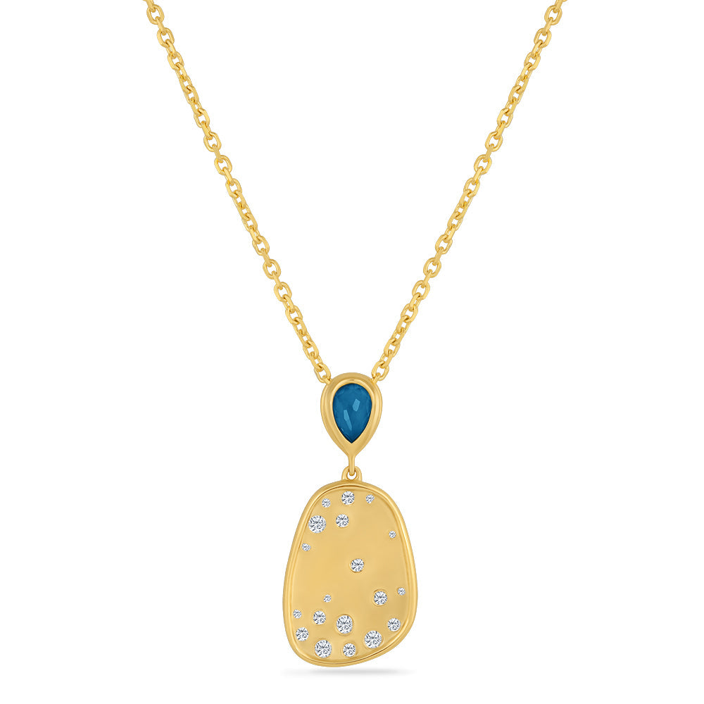14K PENDANT WITH 20 DIAMONDS 0.38CT & BLUE TOPAZ  ON 18 INCHES CHAIN