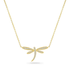 14K DRAGONFLY NECKLACE 29 DIAMONDS 0.14CT 18 INCHES CHAIN 20X13MM