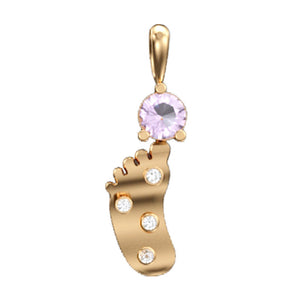 14K SINGLE BABY FOOT PENDANT WITH 4 DIAMONDS 0.0325CT & 1 ROUND 4MM AMETHYST ON 18 INCHES CHAIN