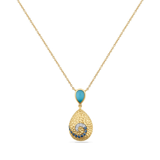 14K PEAR SHAPED PENDANT SET WITH A DOUBLET RECON TURQUOISE AND CLEAR QUARTZ,  SAPPHIRES AND DIAMONDS ON 18 INCHES CABLE CHAIN