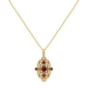 14K ANTIQUE STYLE PENDANT WITH DIAMONDS AND 4 ROUND RED GARNETS ON EACH SIDE AND 1 CENTER STONE RED GARNET SUSPENDED ON 18 INCHES CABLE LINK CHAIN