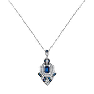 14K PENDANT WITH 0.20CT DIAMONDS, CENTRAL EMERALD SAPPHIRE AND ROUND SAPPHIRES ON 18 INCHES CURB LINK CHAIN