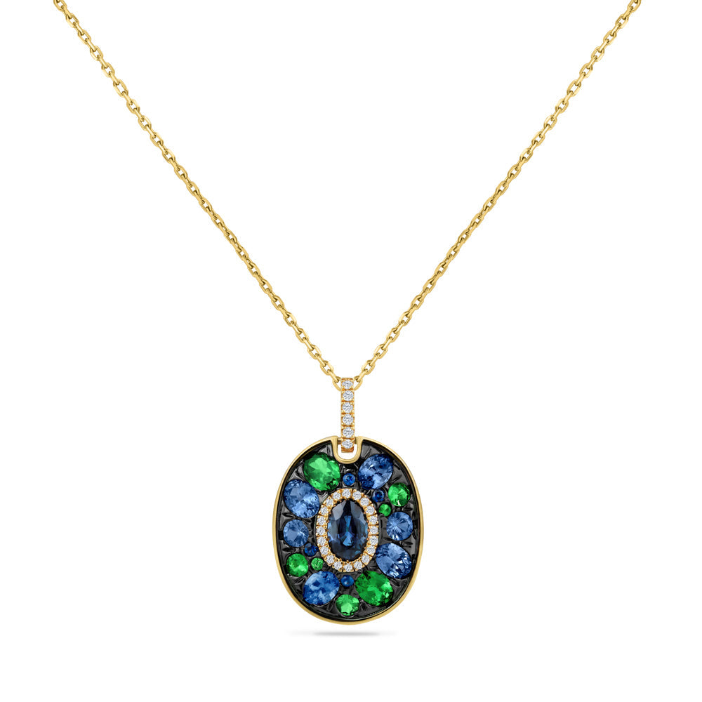 14K COLORFUL STONE PENDANT WITH DIAMONDS, GREEN GARNETS AND SAPPHIRES ON 18 INCHES CABLE CHAIN