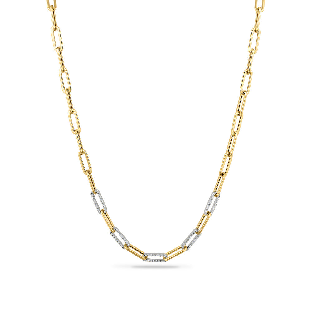 14K TWO TONE PAPER CLIP DESIGN NECKLACE WITH 190 DIAMONDS 0.76CT ON 18 INCHES CHAIN