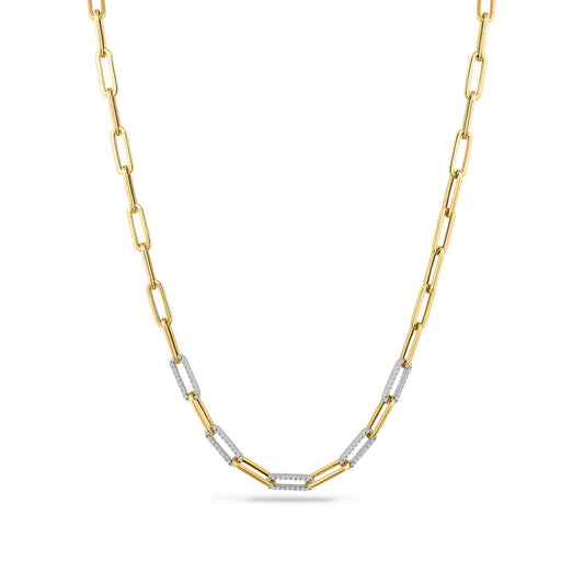 14K TWO TONE PAPER CLIP DESIGN NECKLACE WITH 190 DIAMONDS 0.76CT ON 18 INCHES CHAIN