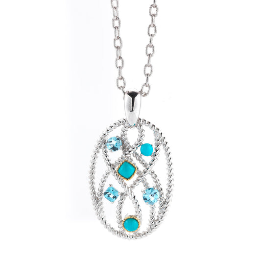 STERLING SILVER AND 14K PENDANT WITH SEMI-PRECIOUS STONES ON 18 INCHES CHAIN