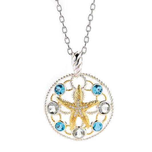 14K STARFISH ON A STERLING SILVER PENDANT WITH SEMI-PRECIOUS STONES AND DIAMONDS ON 18 INCHES SILVER CHAIN