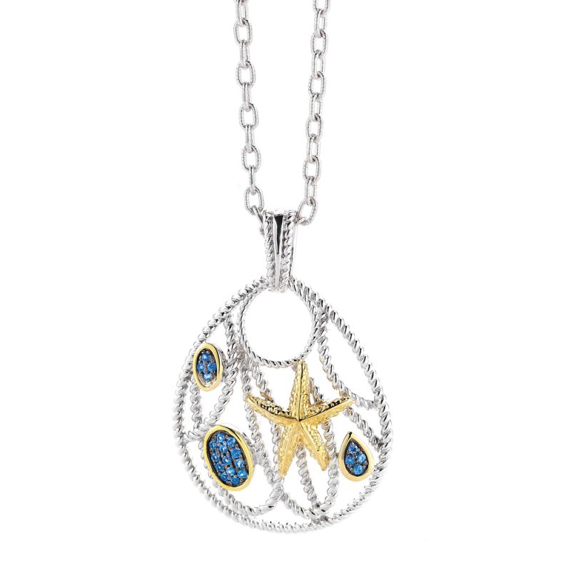 14K Yellow Gold and Sterling Silver Starfish Pendant with Sapphires