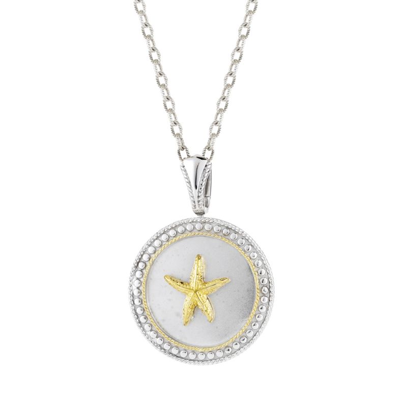 14K Yellow Gold and Sterling Silver Starfish and Sand Dollar Pendant