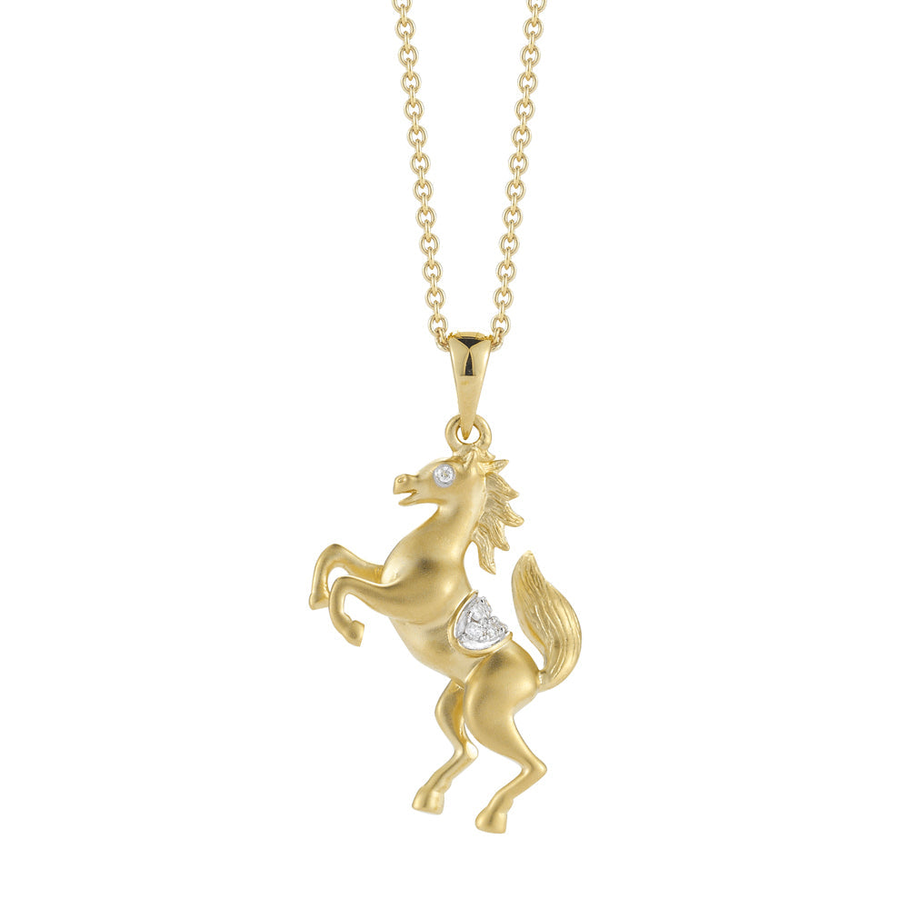 14K STANDING HORSE PENDANT WITH DIAMONDS ON 18 INCHES CABLE CHAIN
