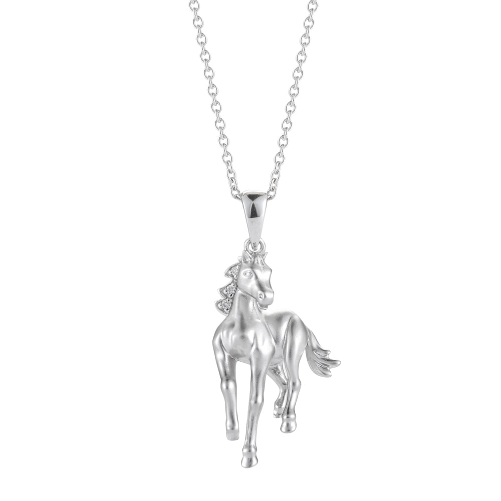 14K White Gold trotting Horse and Diamond Necklace