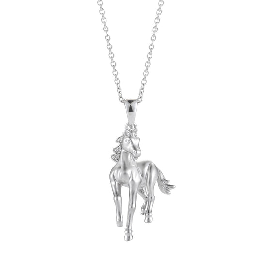 14K White Gold trotting Horse and Diamond Necklace On 18" Chain