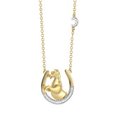 14K Yellow Gold Necklace Horses head on a Diamond encrusted horseshoe