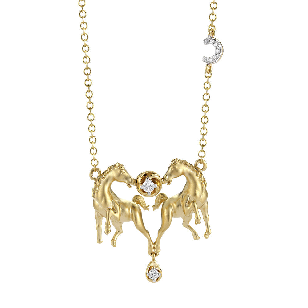 14K Yellow Gold double Horse and Diamond Necklace