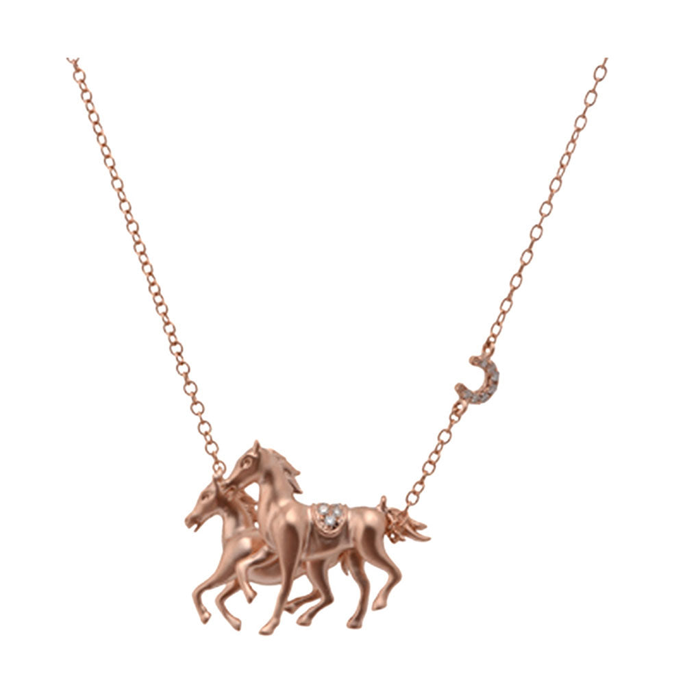 14K DOUBLE HORSE NECKLACE WITH DIAMONDS 0.05CT ON 18 INCH CHAIN
