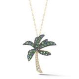 14K PALM TREE NECKLACE WITH 0.11CT DIAMONDS, GREEN GARNET 0.24CT AND 0.08CT BLUE DIAMONDS ON 18 INCHES CABLE CHAIN