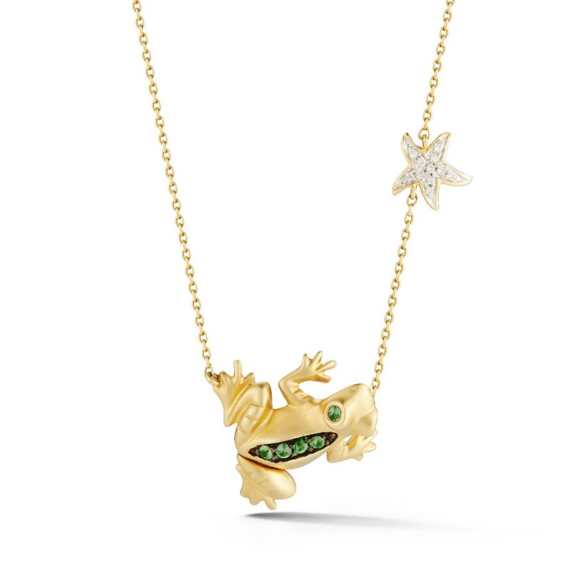 14K Diamond Frog Pendant With 2 Black Diamonds On 18 Inches Cable Chain
