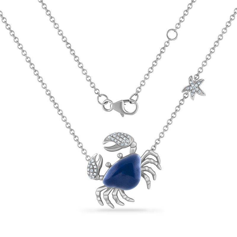 14K Blue Enamel Crab Necklace On 18 Inches Cable Chain