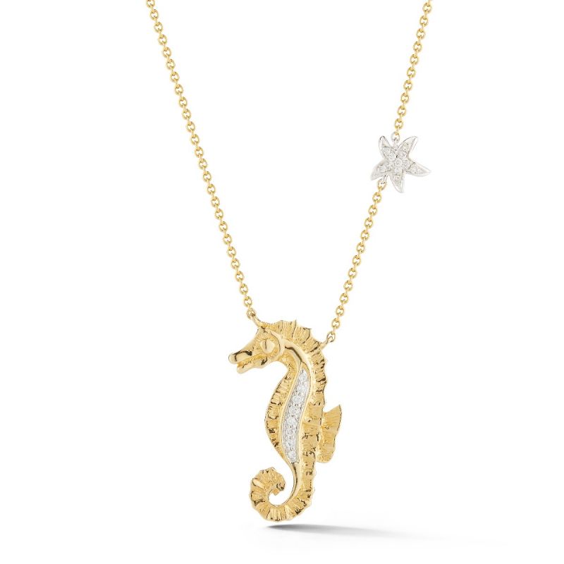 14K Two-toned Seahorse Necklace 3/4" Long On 18 Inches Cable Chain