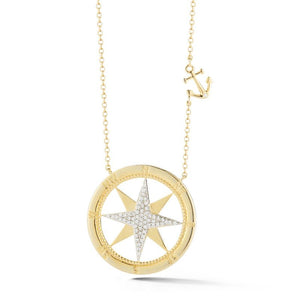 14K Compass Rose Necklace With An Anchor On 18 Inches Cable Chain