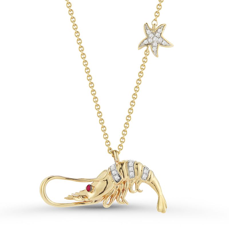 14K Ruby Shrimp Pendant WIth Small Star Detail On 18 Inches Cable Chain