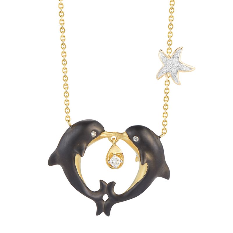 14K KISSING DOLPHINS NECKLACE WITH 14 DIAMONDS T.W. 0.08CT, ON 18 INCH CHAIN WITH SMALL STARFISH ACCENT, BLACK RHODIUM