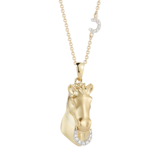14KY HORSE HEAD NECKLACE WITH 16 DIAMONDS 0.06CT ON 18 INCH CHAIN