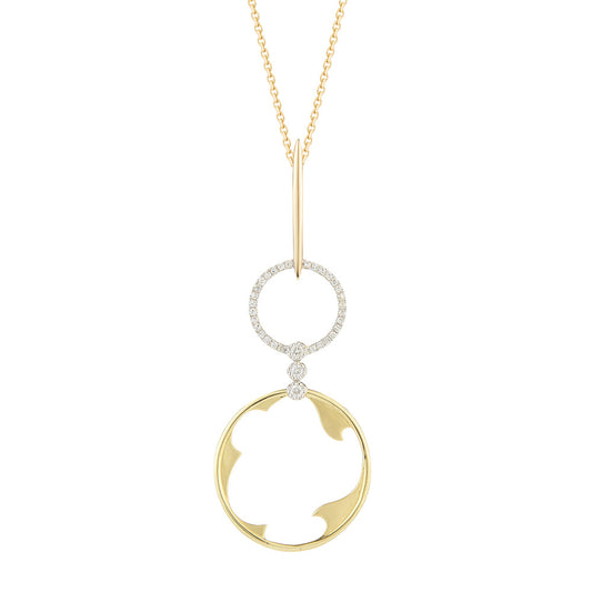 14K DOUBLE CIRCLE NECKLACE WITH 33 DIAMONDS 0.13CT ON 18 INCHES CHAIN