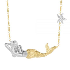 14K Two-toned Gold Resting Mermaid Necklace With Accent Of Starfish, 37MM Long On 18 Inches Cable Chain